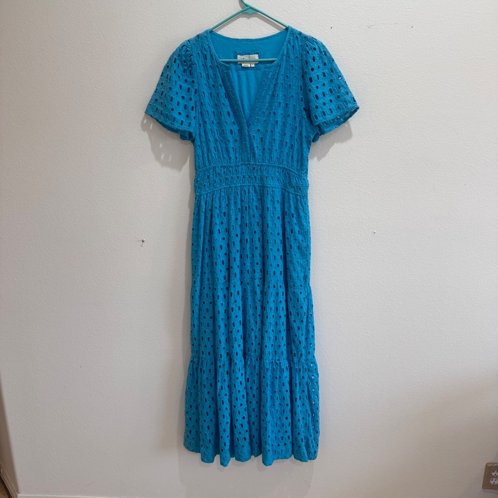 Anthropologie Blue Eyelet Midi Dress Smocked Waist Pockets Size M OB1810248